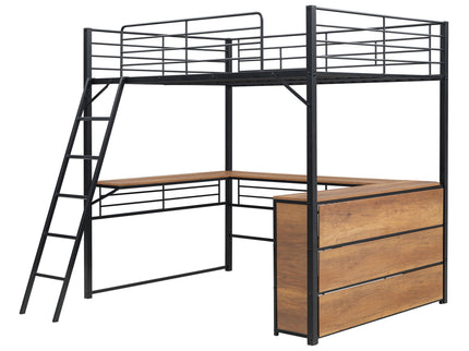 Full Size Loft Bed With 3 Layers Of Shelves And L-Shaped Desk - Black