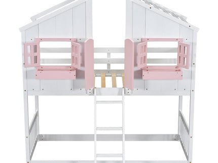 House Bunk Bed With Roof, Window, Window Box, Door, With Safety Guardrails And Ladder
