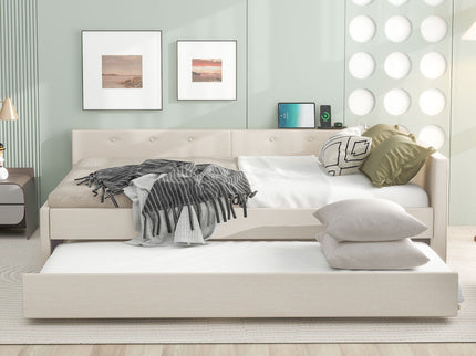 Queen Size Upholstered Platform Bed With USB And Twin Trundle - Beige