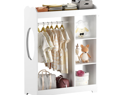 Dress Up Storage With Mirror And Hooks, Clothes Rack With Hanging Rod, 3 Side Hooks, Open Shelves, Top Shelf Organizer - White