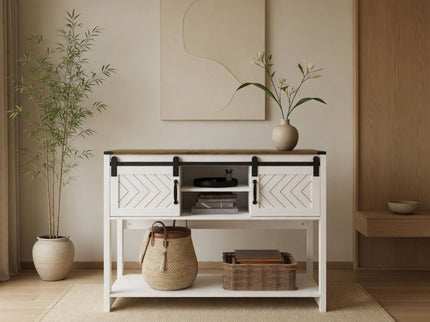 Entryway Table With Sliding Barn Door Storage - White / Oak