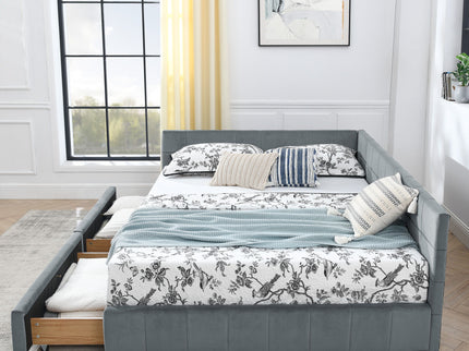 Mid-Century Storage Upholstered Tufted Bed Frame With Backrest And Armrests