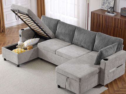 Sectional Sofa Bed With Pull Out Sleeper, USB Ports, Cup Holders