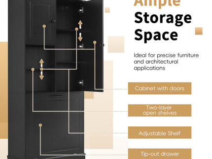 Modern Tall Storage Cabinet With Adjustable Shelves, Flip-Out Basket & Enclosed Doors