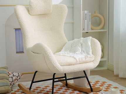 Rocking Chair Nursery, Teddy Upholstered Rocker Glider Chair With High Backrest, Adjustable Headrest & Pocket, Comfy Glider Chair For Nursery, Bedroom, Living Room, Offices, Rubber Wood