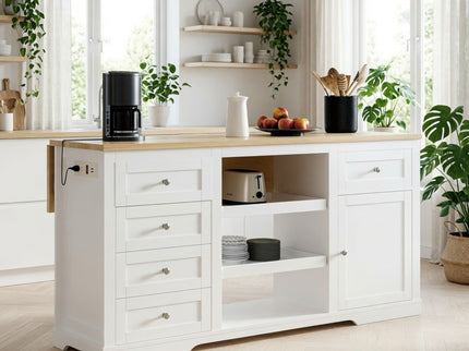 Drop Leaf Kitchen Island With Storage, Power Outlet & Pet Bowl Drawer - White / Light Oak