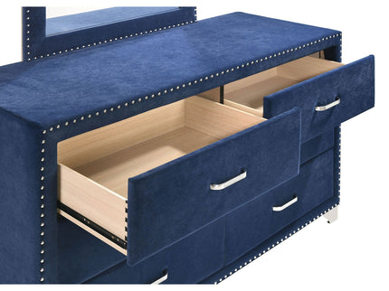 6 Drawer Upholstered Dresser With Mirror - Blue