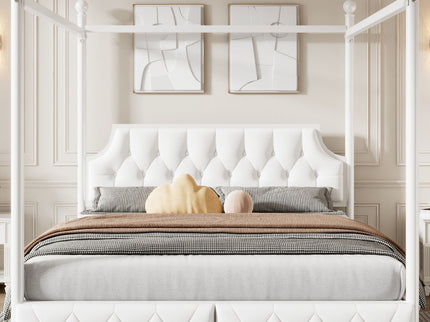 Queen Size Canopy Platform Bed With Upholstered Headboard And 2 Storage Drawers - White