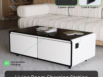 Modern Smart Coffee Table With Built-In Fridge, tooth Speaker, Wireless Charging Module, Touch Control Panel, Power Socket, USB Interface, Outlet Protection, Atmosphere Light