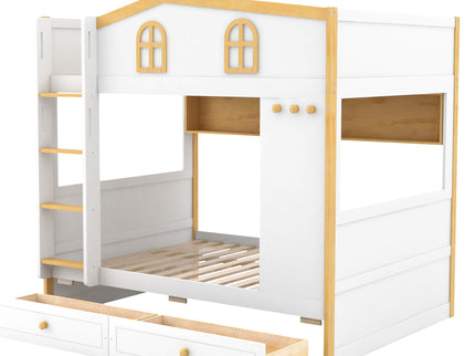 Bunk Bed With House Shaped Guardrails, Storage Shelves, And Trundle
