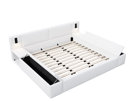 Upholstered Platform Bed Frame With Hidden Storage, Built-In Nightstands & LED Reading Lights