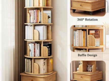 6 Tier Rotating Bookshelf With Wheels And Drawer, 360° Spinning Design, Space Saving Storage, For Home - Wood