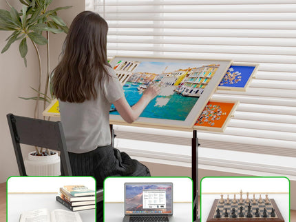 360 Degree Tilting Wooden Puzzle Table With 1500 Pieces, Rolling Design With Adjustable Height, Drawer, And Protective Cover - Black / Natural Wood