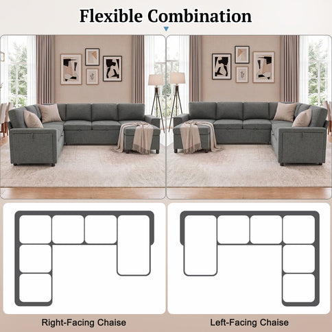 U - Shaped Convertible Sectional Sofa Bed With Storage, USB Charger & Cup Holders