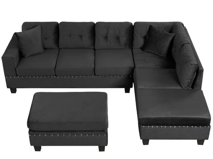 Modern Sectional Sofa With Storage Ottoman, L - Shape Couch With 2 Pillows And Cup Holders