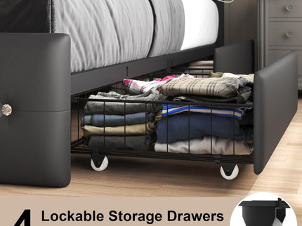 Upholstered Bed Frame With LED Lights, 4 Storage Drawers, Charging Station