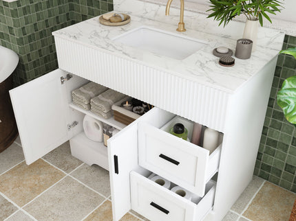 Bathroom Vanity Set, Fluted Cabinet, Soft Close Doors & Drawers, Single Faucet Hole, Sink Included - White
