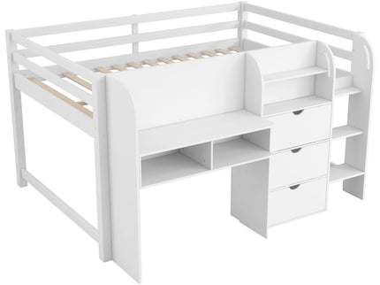 Low Loft Bed With Built In Desk, Storage Cabinets, Open Bookcase And Doodle board