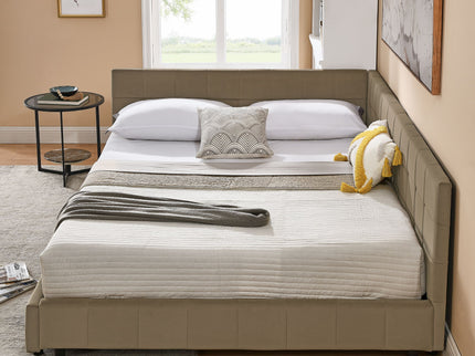 Mid-Century Storage Upholstered Tufted Bed Frame With Backrest And Armrests