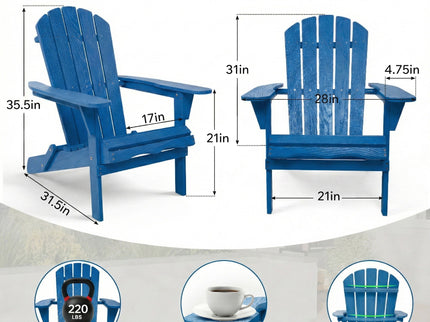 Folding Adirondack Lounge Chair With Embossed Grain For Patio, Backyard, Deck Or Pool Side - Navy Blue