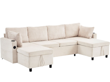 Sectional Sofa Bed With Pull Out Sleeper, USB Ports, Cup Holders