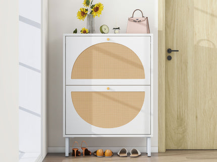 2 Door Shoe Rack, Rattan, Double Layer, Suitable For Living Room, Hallway - White