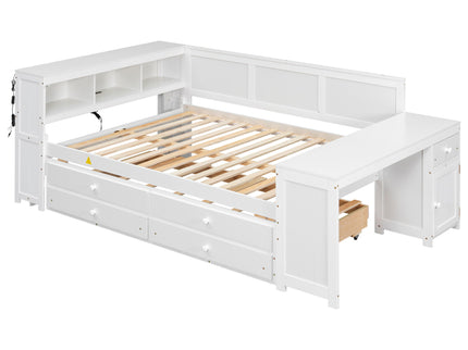 Daybed With Storage Shelves, Drawers, Trundle, Charging Station, LED Light, Desk And Cabinet