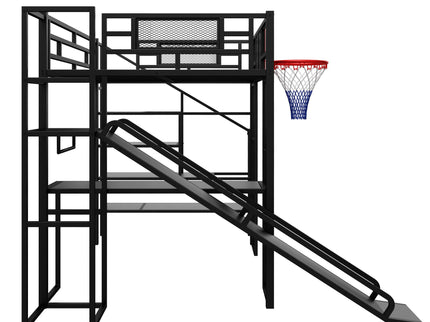 Loft Bed With Built In Desk, Open Wardrobe, Basketball Hoop, Slide And Staircase