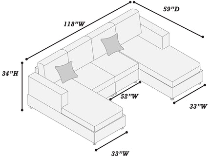 U-Shaped Sectional Set With Cushion Back Armless Chairs Right And Left Arm Chaise