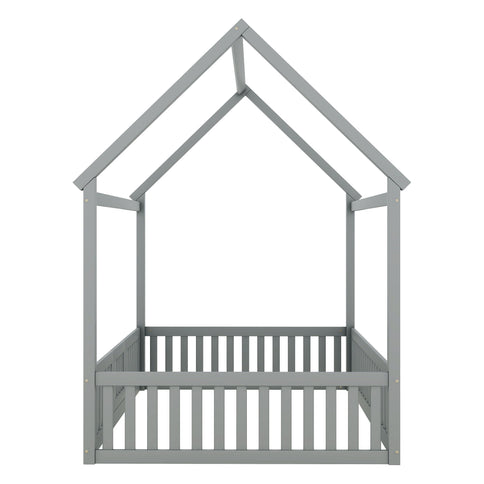 Wood House Bed With Fence And Door