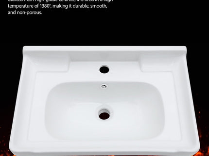 Wall Mounted Rectangular Bathroom Sink With Towel Bar & Overflow - White