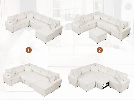 Sectional Sofa Pull-Out Sofa Bed Sleeper With A Storage Ottoman, Three Pillows And Charging Devices For Living Room