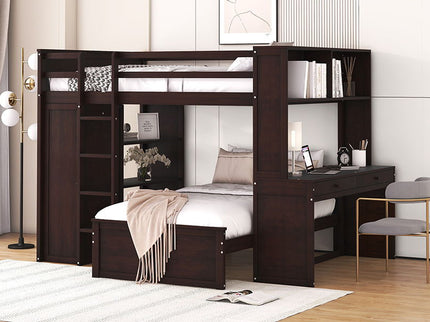 Loft Bed With A Twin Size Standalone Bed, Shelves, Desk, And Wardrobe