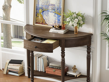 Half Moon Console Table With Drawer & Shelf For Living Room - Walnut