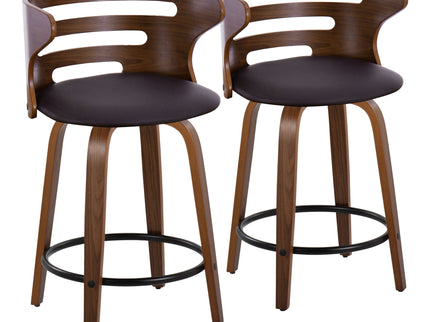 Cosini - Mid-Century Modern Fixed Height Counter Stool With Swivel With Round Footrest (Set of 2) - Walnut / Brown