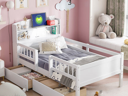 Platform Bed With LED Light, Multi Functional Headboard, Guardrail And 2 Drawers