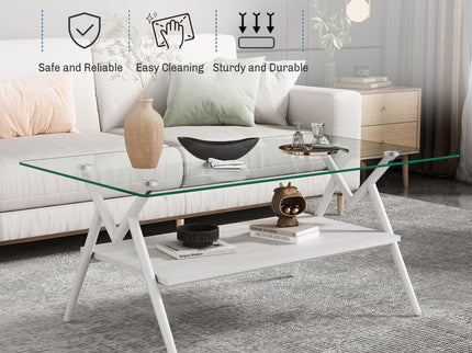 Rectangle Coffee Table With Tempered Glass Top And Shelf