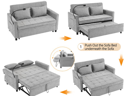 Pull-Out Sleeper Sofa With Reversible Backrest Cushion, Side Pockets, 2 USB Ports And A Phone Holder For Living Room