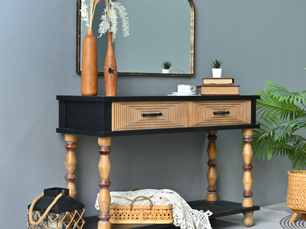 Accent Carved Console Table With Open Shelf And 2 Drawers Living Room - Black / Natural Wood Wash