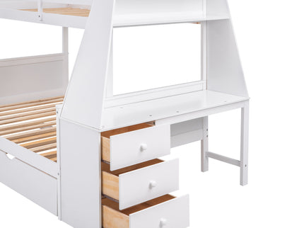 Bunk Bed With Trundle And Built In Desk, 3 Storage Drawers And Shelf