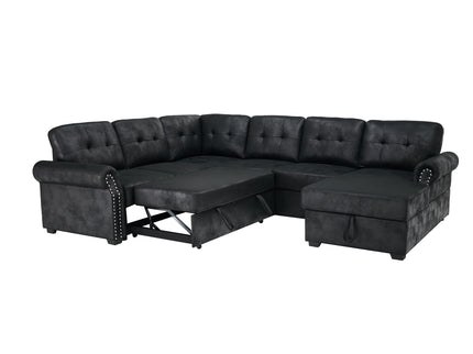 U Shape Sectional Sleeper Sofa With Pull Out Bed And Storage Chaise - Black