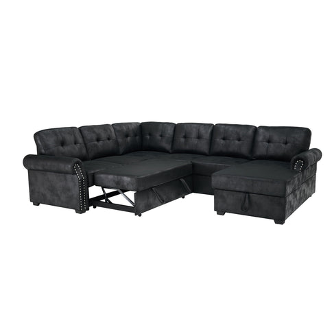 U Shape Sectional Sleeper Sofa With Pull Out Bed And Storage Chaise - Black