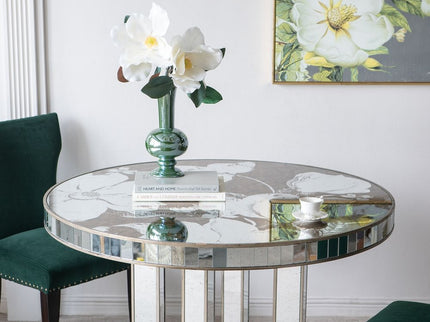 Round Dining Table With Elegant Floral Design And Mirrored - Silver Multi