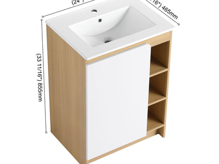 Freestanding Bathroom Vanity With Thin Rim Sink, Single Door With 4 Tier Open Shelves - Light Oak / White