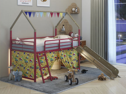 Jack - House Loft Bed With Slide And Curtain Set