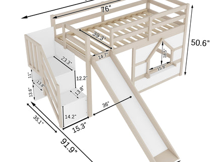Loft Bed With Storage Stairs, Slide, Playhouse Window And 7 Colors LED Lights
