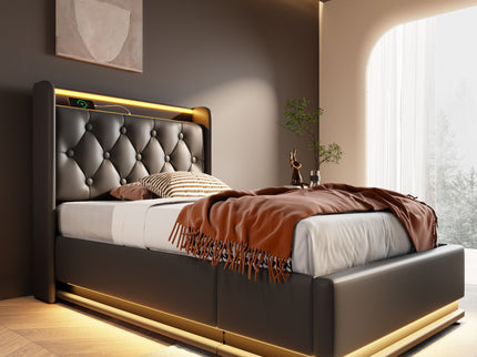 Upholstered Bed, 360 Surround LED Function, Remote Control, Hydraulic Storage Bed With USB, Type-C Charging (Without Mattress)
