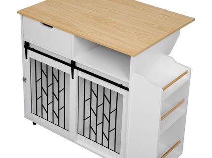 Modern Style 2 In 1 Pet Friendly Dog Crate Kitchen Island End Table Metal Pine - Natural / White