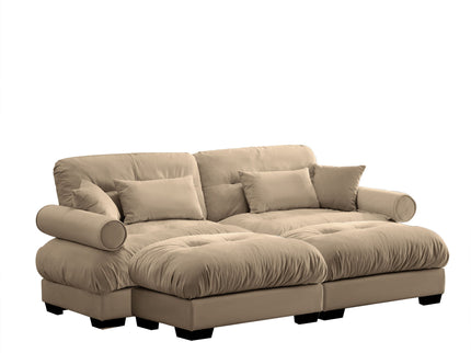 Modern Sectional Sofa With Ottoman, Round Bolster Armrests, Waist And Throw Pillows