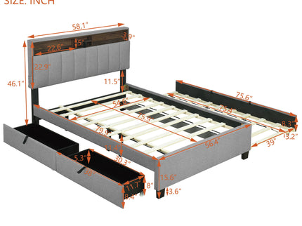 Upholstered Platform Bed With Storage Headboard, Trundle & 2 Drawers And A Set Of Sockets & USB Ports
